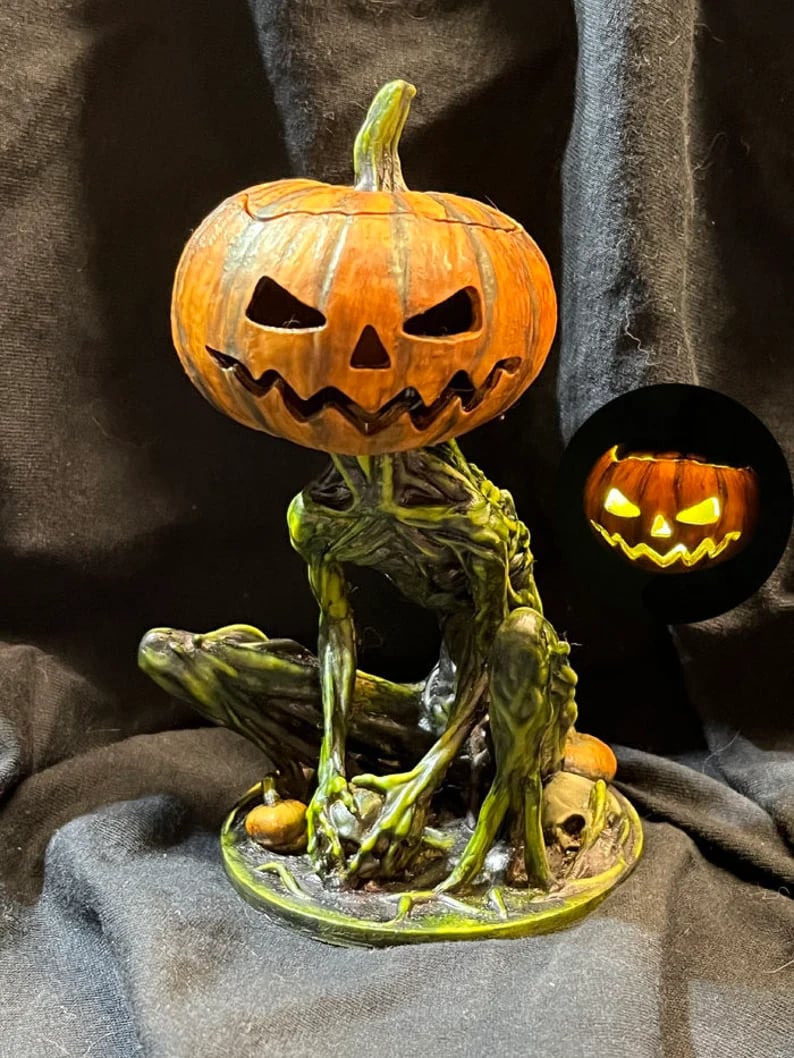 🎃Halloween Horror Original Swamp Monster Pumpkin Head Walking Dead Creature Tealight Lantern Box Ghoul Monster Made in USA🎃