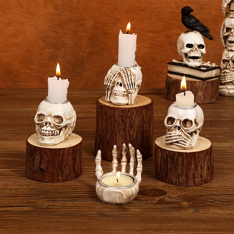 💀💀Halloween Candle Holders Gothic Skull Palm Tree Resin Candlestick, Desktop Decoration For Ghost Themed Party (Candles Not Included)