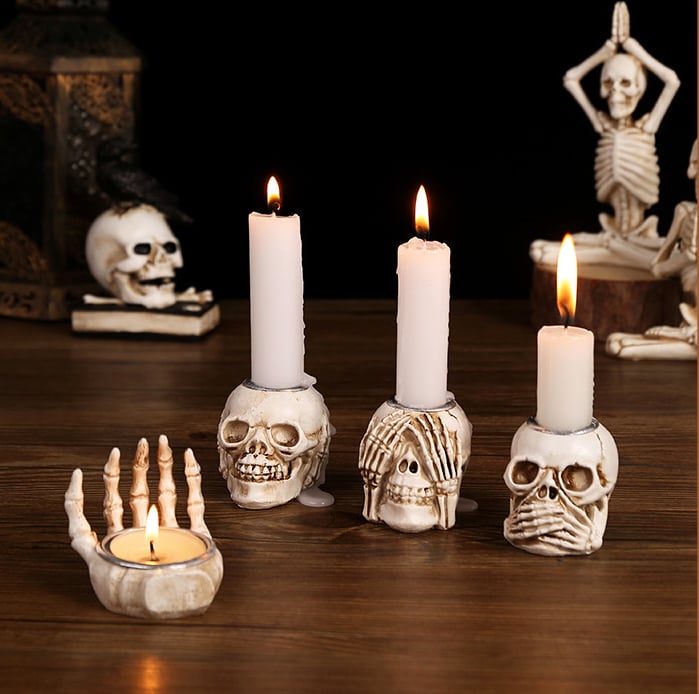 💀💀Halloween Candle Holders Gothic Skull Palm Tree Resin Candlestick, Desktop Decoration For Ghost Themed Party (Candles Not Included)