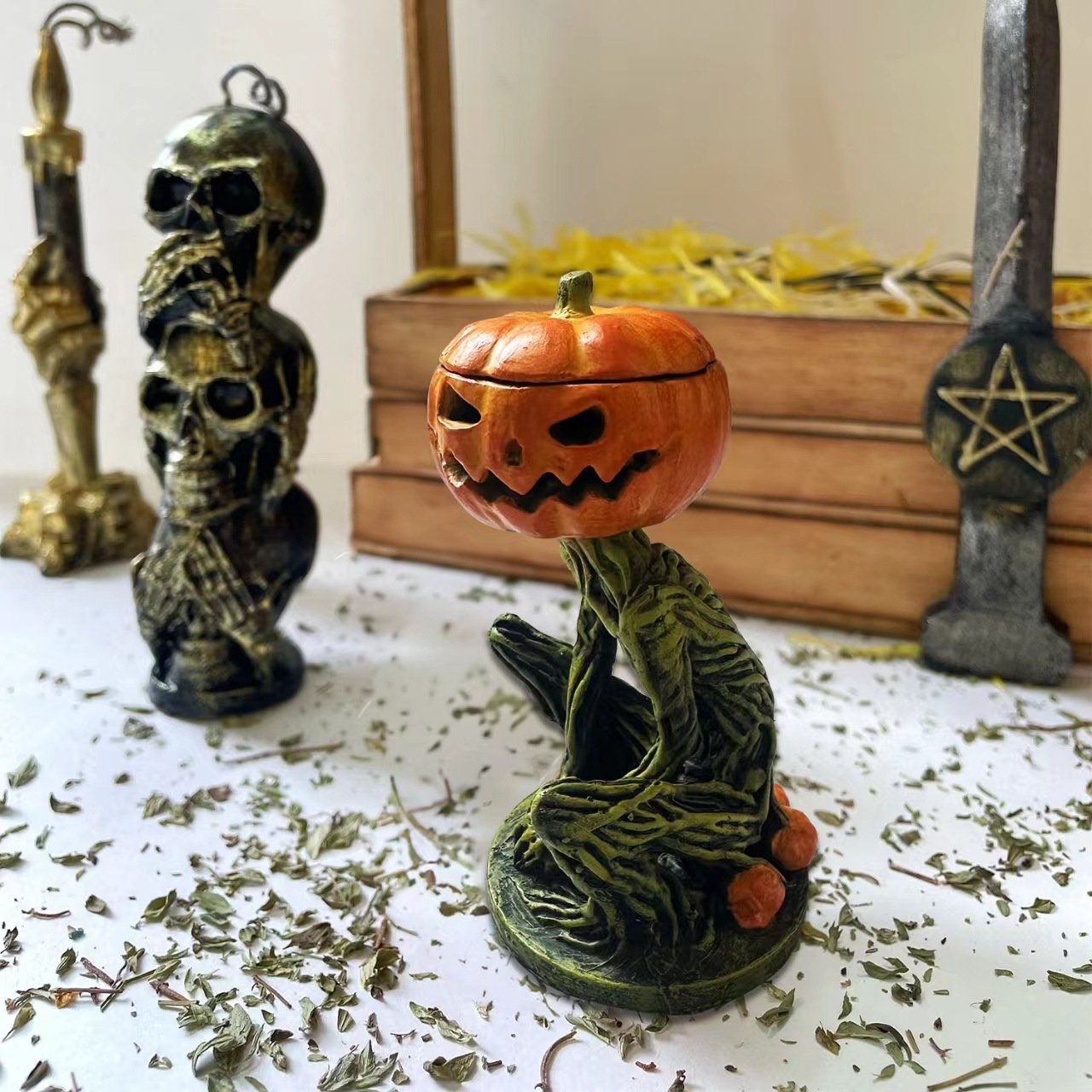🎃Halloween Horror Original Swamp Monster Pumpkin Head Walking Dead Creature Tealight Lantern Box Ghoul Monster Made in USA🎃