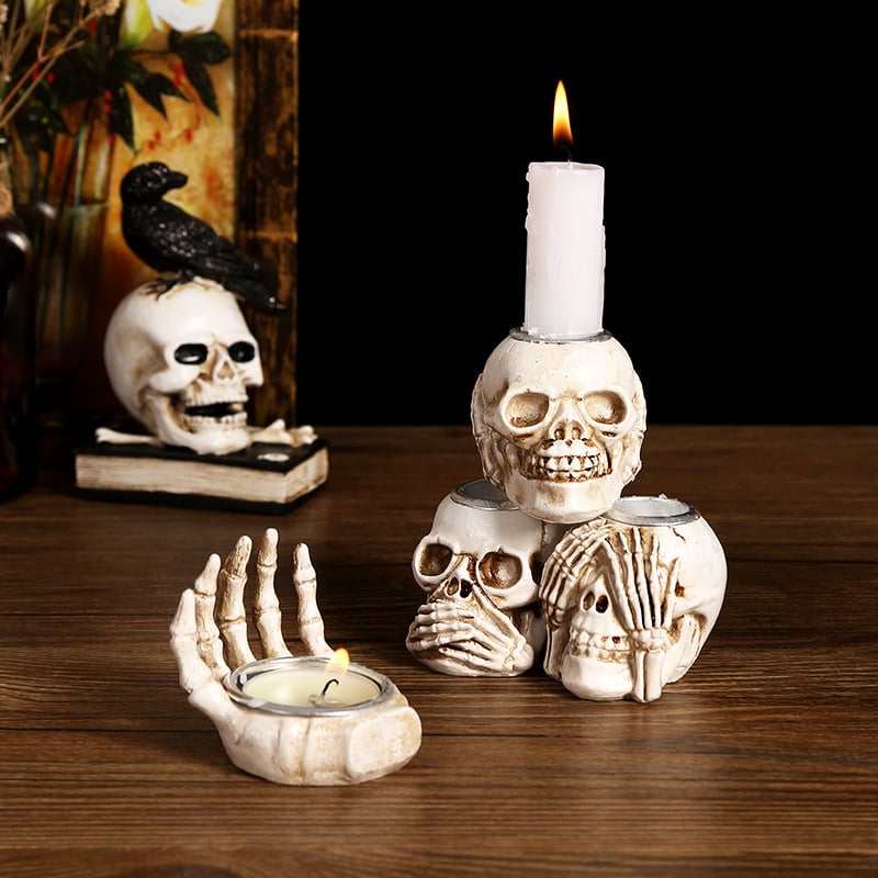 💀💀Halloween Candle Holders Gothic Skull Palm Tree Resin Candlestick, Desktop Decoration For Ghost Themed Party (Candles Not Included)