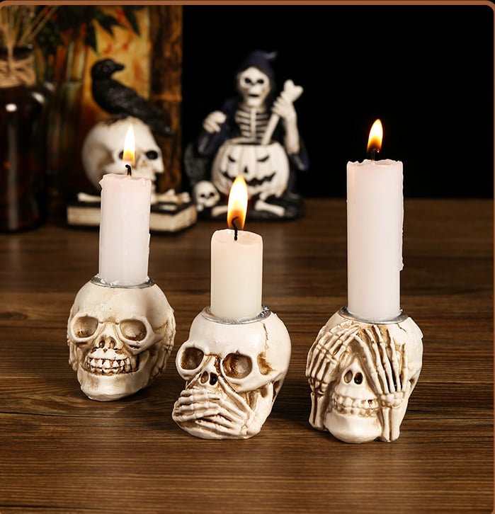 💀💀Halloween Candle Holders Gothic Skull Palm Tree Resin Candlestick, Desktop Decoration For Ghost Themed Party (Candles Not Included)