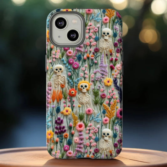 Vintage Skeletons in Bloom Phone Case | Embroidered Look Floral Charm Phone Cover | Halloween Cottagecore | iPhone