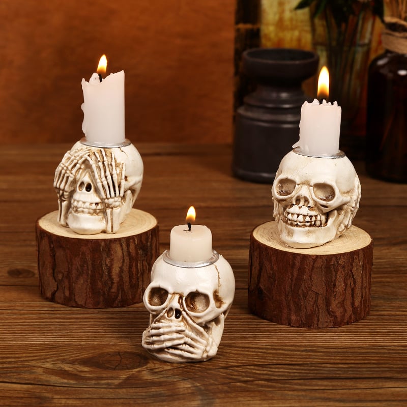 💀💀Halloween Candle Holders Gothic Skull Palm Tree Resin Candlestick, Desktop Decoration For Ghost Themed Party (Candles Not Included)